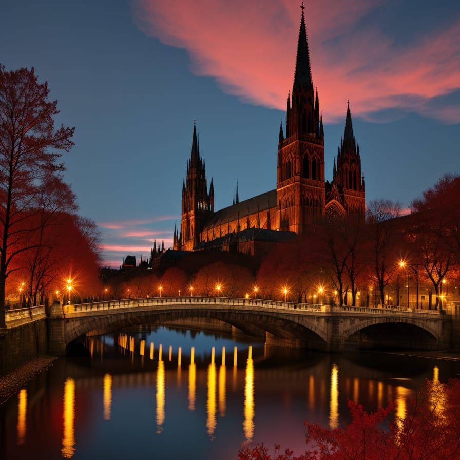 Cathedral and Bridge in Dark Hyperdetailed Style