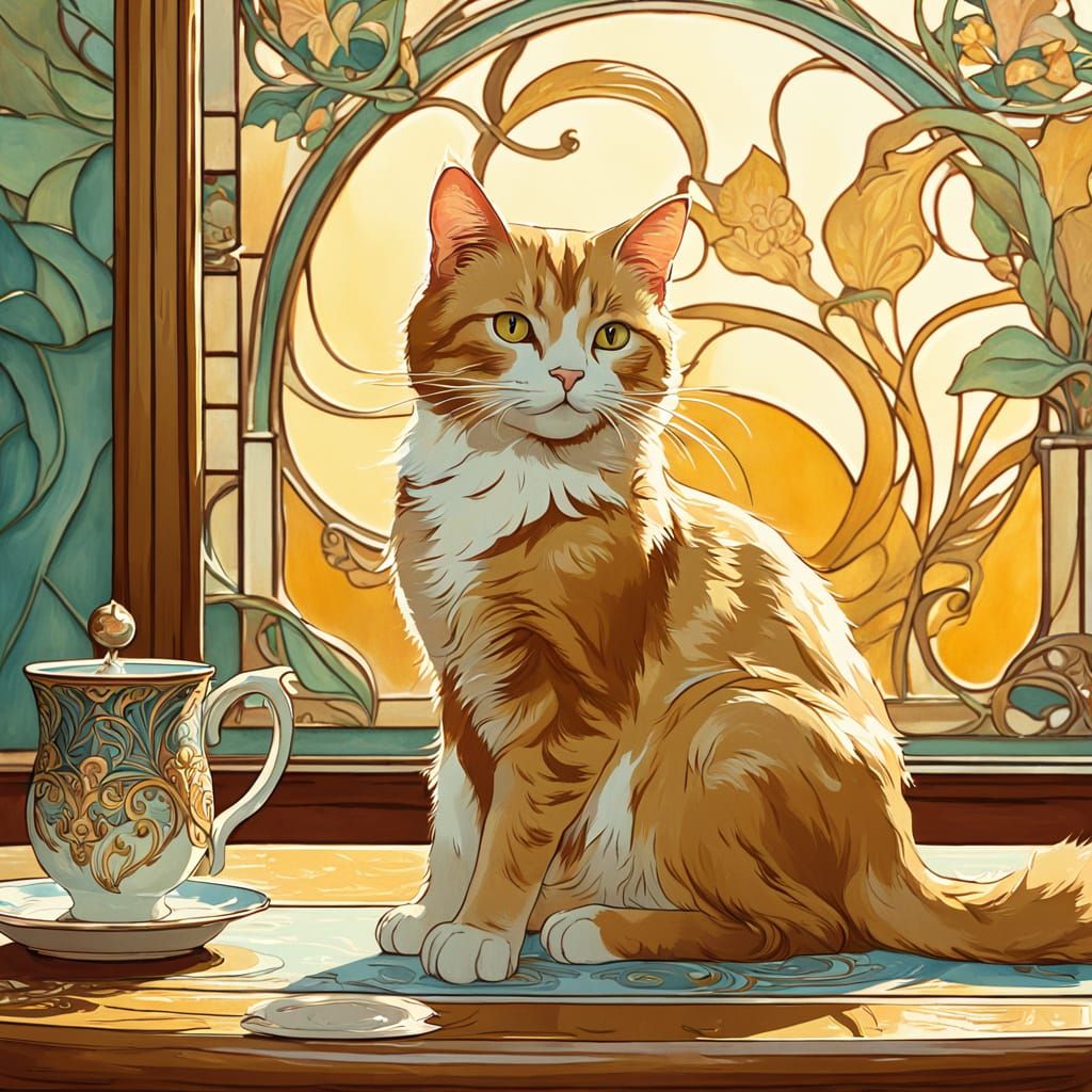 Refined Ginger Cat in Art Nouveau Cafe
