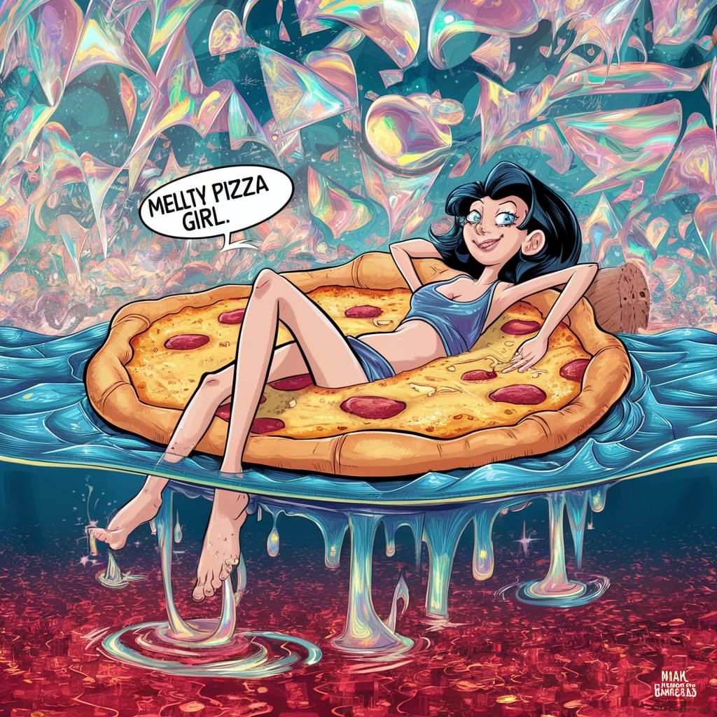 Melty Pizza Girl Lounging on Soda Sea