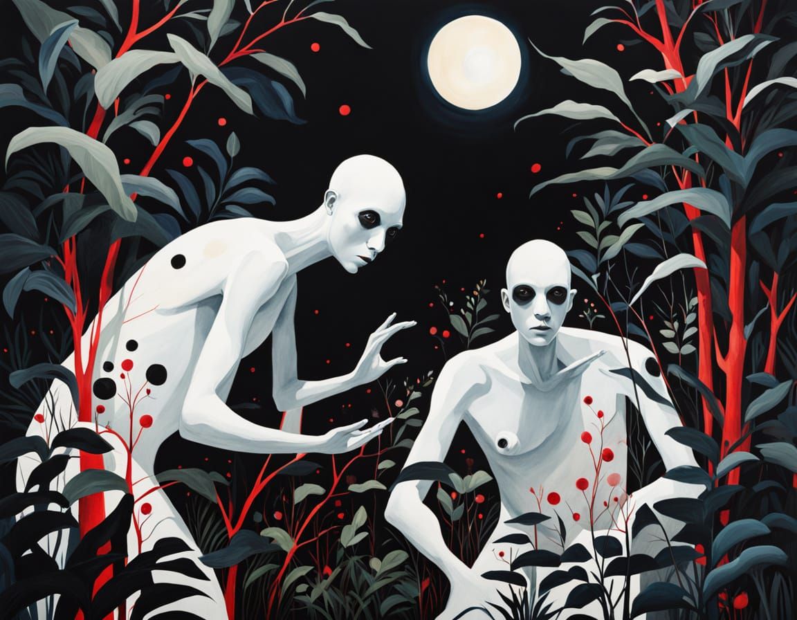 A surreal landscape where black and white vegetation surroun...