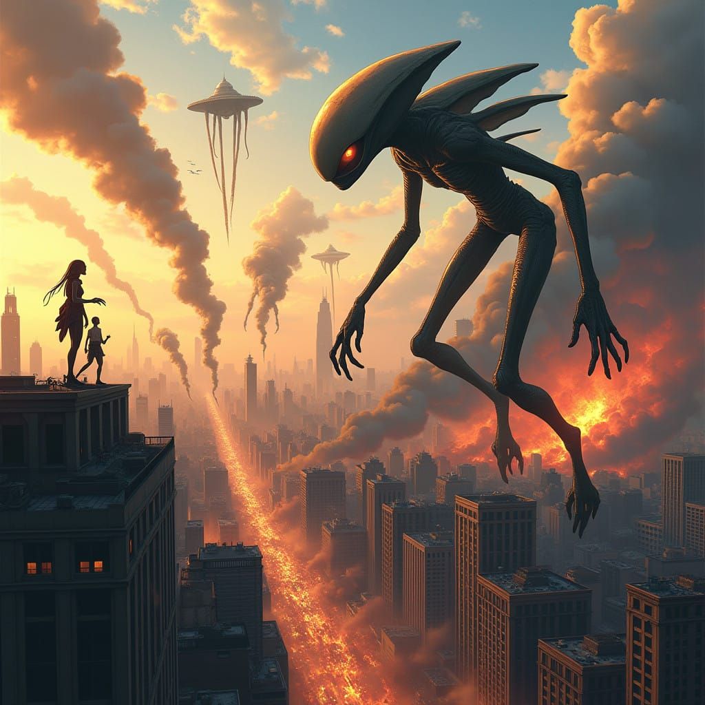 Grey Aliens Invade Metropolis in Golden Light