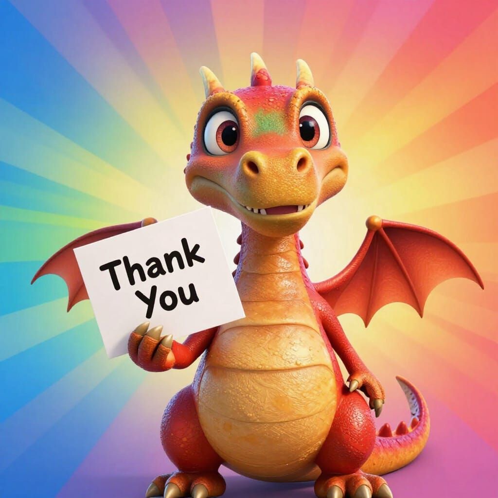 Friendly Dragon Holds Thank You Card in 3D Animation Style