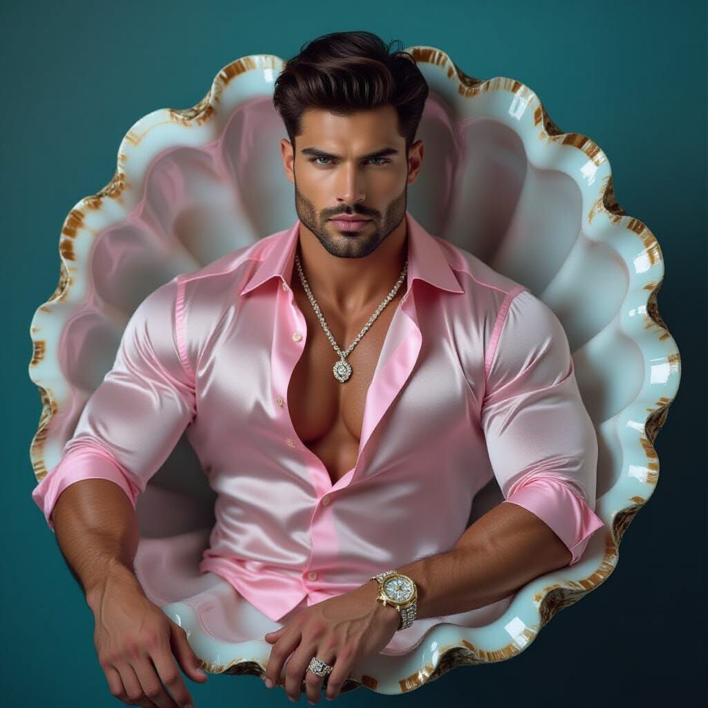Muscular Indian Man in Oyster Shell, Editorial Fashion