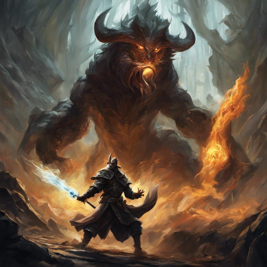 Fantasy Mage Battles Creature with Elemental Powers