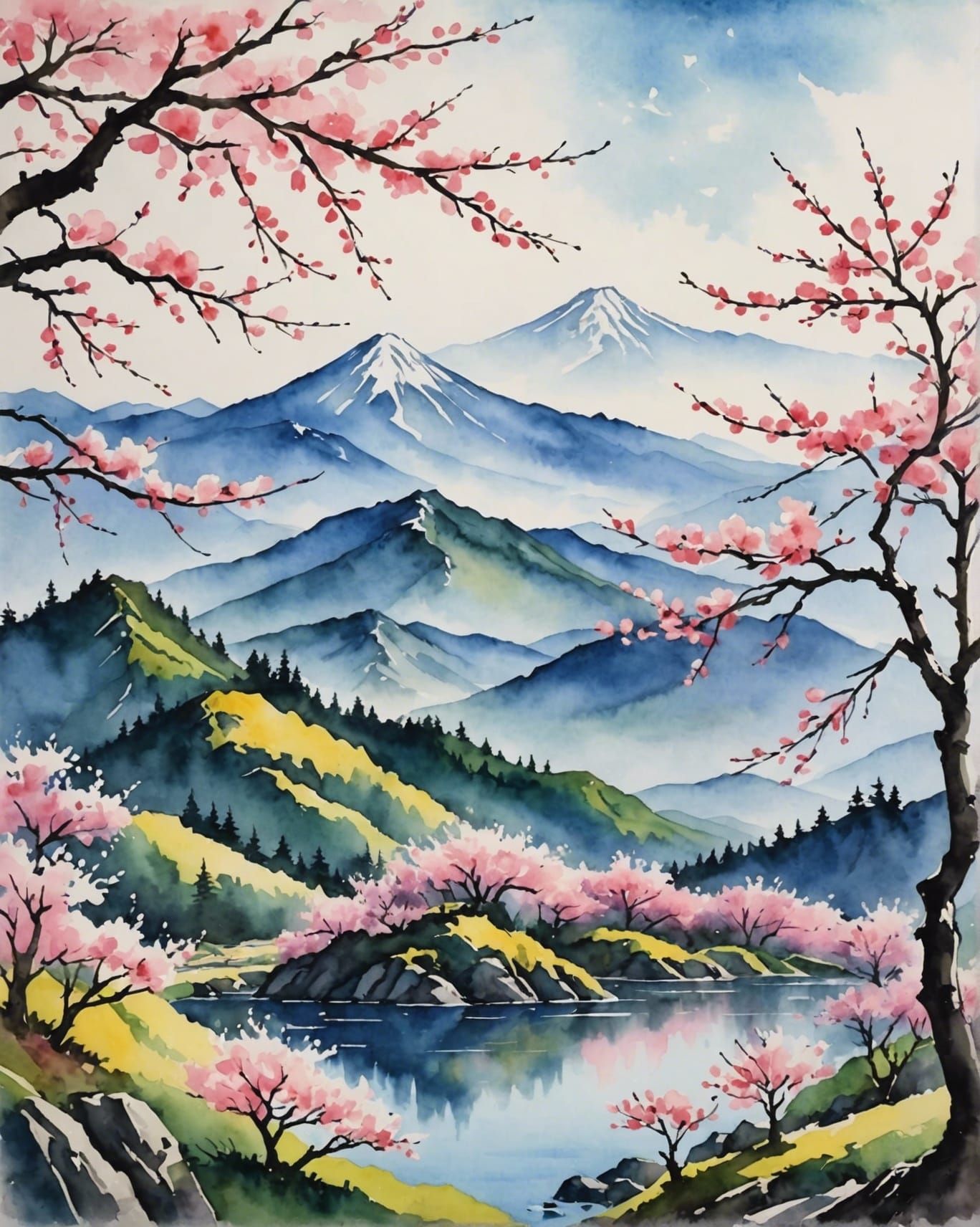 Watercolor Cherry Blossom Mountain Landscape