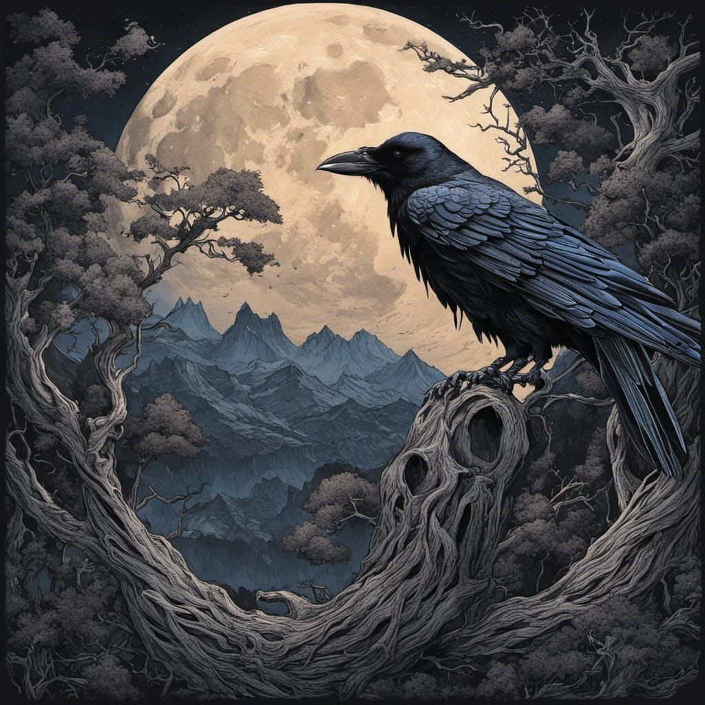 Raven and Full Moon in Pen and Ink