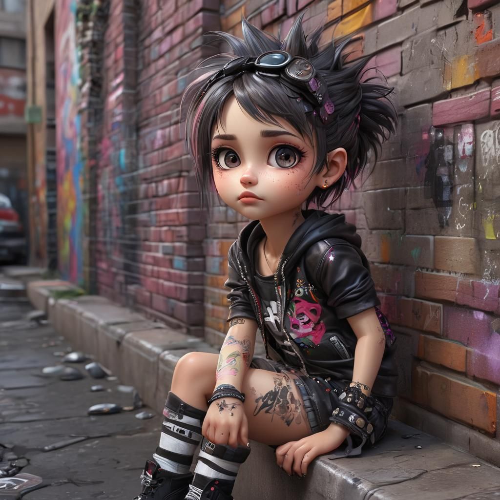 Chibi Punk Graffiti Artist in City Alleyway