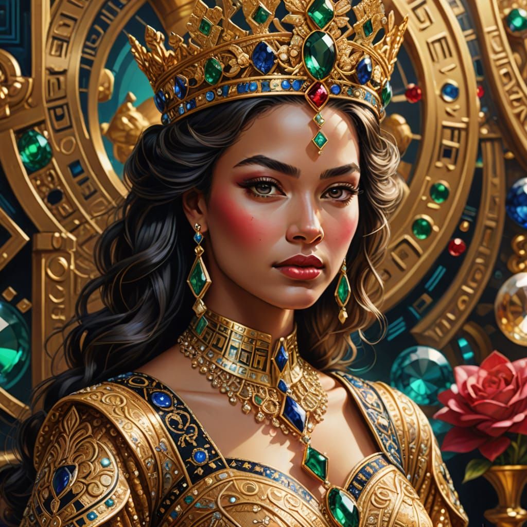 Golden Regalia of an Ancient Queen in Luxurious Art Style