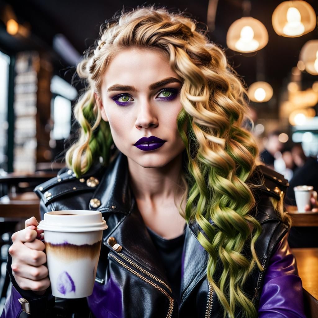 Viking Valkyrie with Purple Hair in Cafe