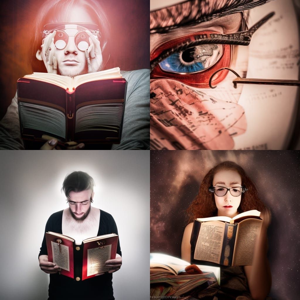Steampunk Reader with Red Eyes, Hyperrealistic Portrait