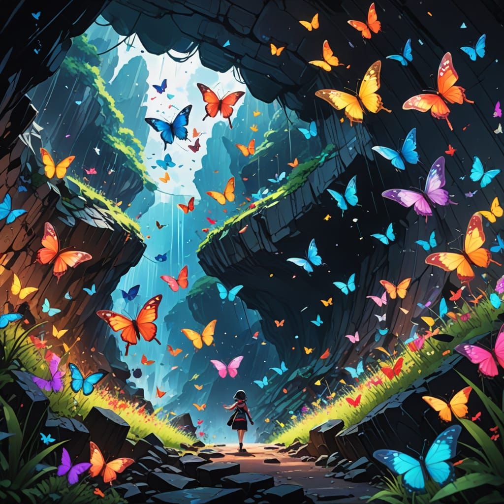 Vibrant Anime Butterflies Emerge from Underground Cave in a ...