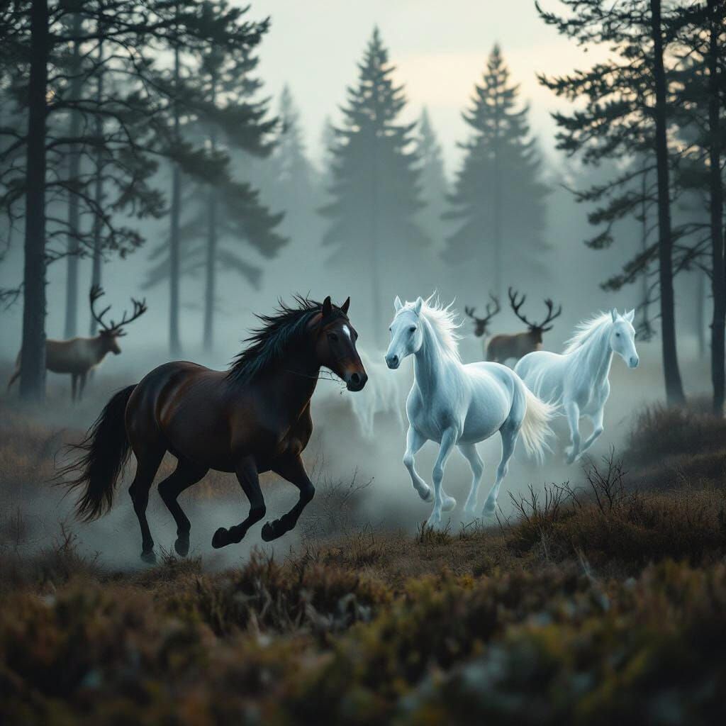 Spectral Horses Race Through Foggy Swedish Forest