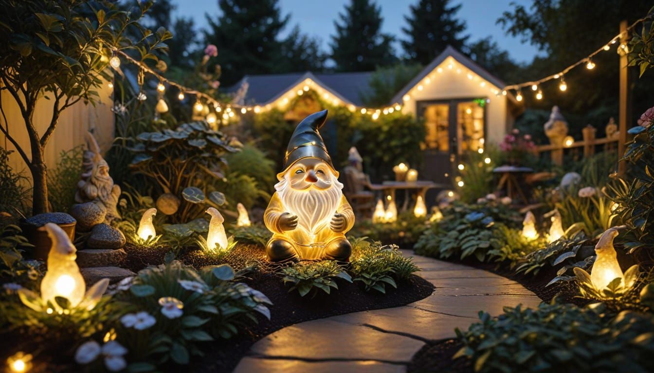 Enchanting Garden with Golden Lighting and Gnome
