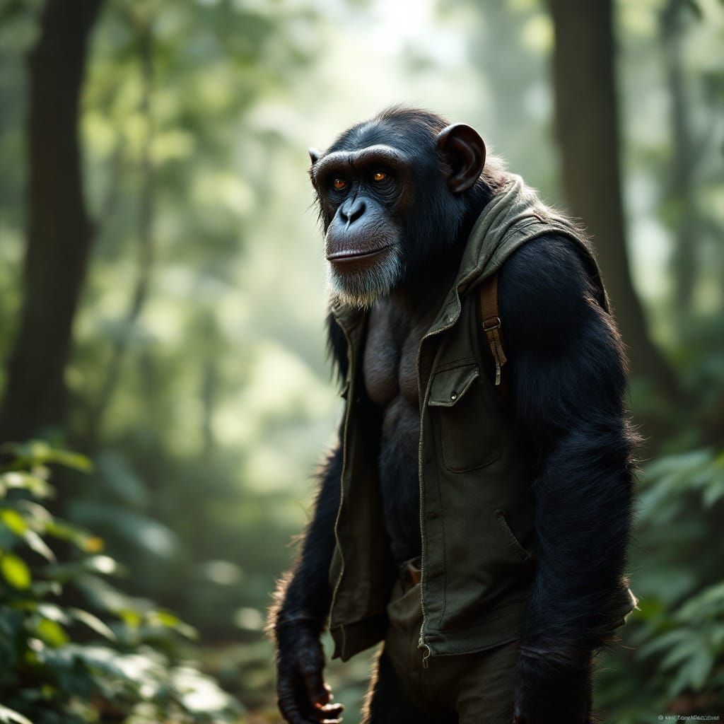 Chimpanzee Walking Upright in Forest: Photorealistic Image