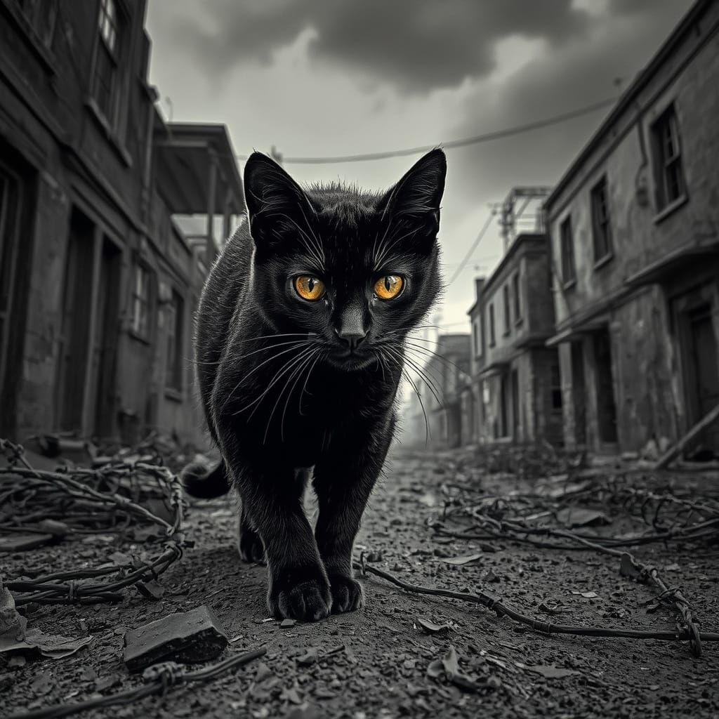 Noir Black Cat in Abandoned Town