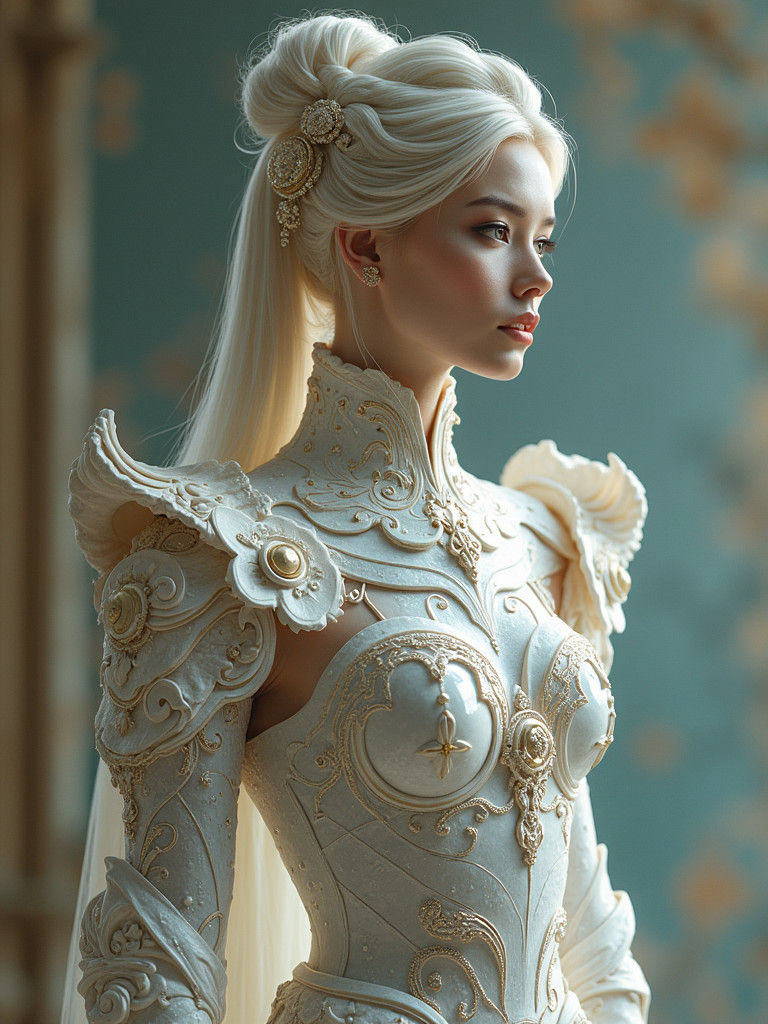 Woman in Porcelain Armor: Ethereal Fantasy Art