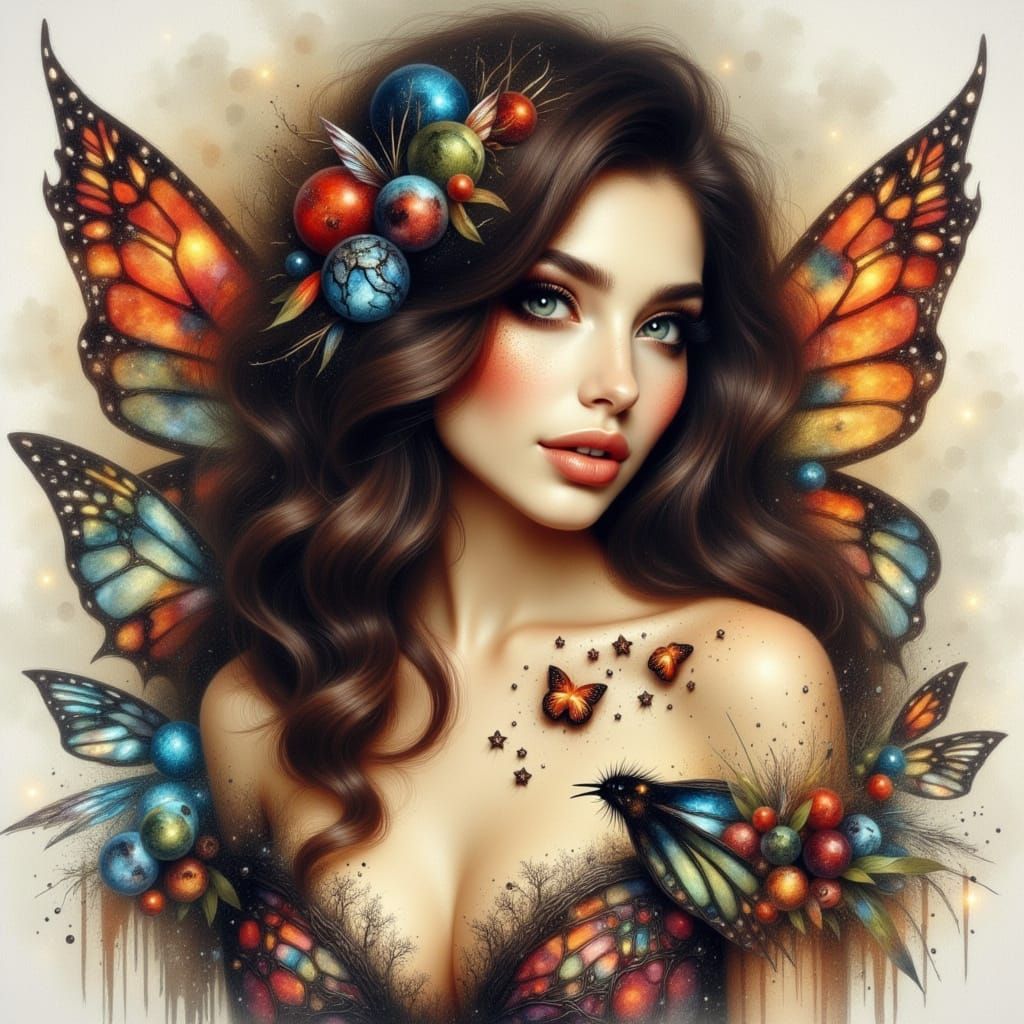 Enchanting Fae Maiden in Whimsical Ink-Wash Art