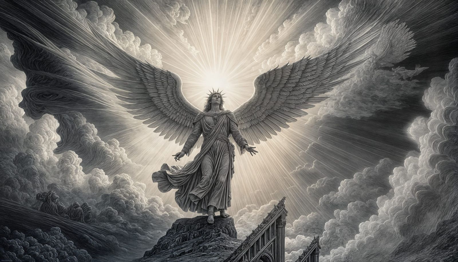 Seraphim Descent: A Gustave Doré Style Illustration