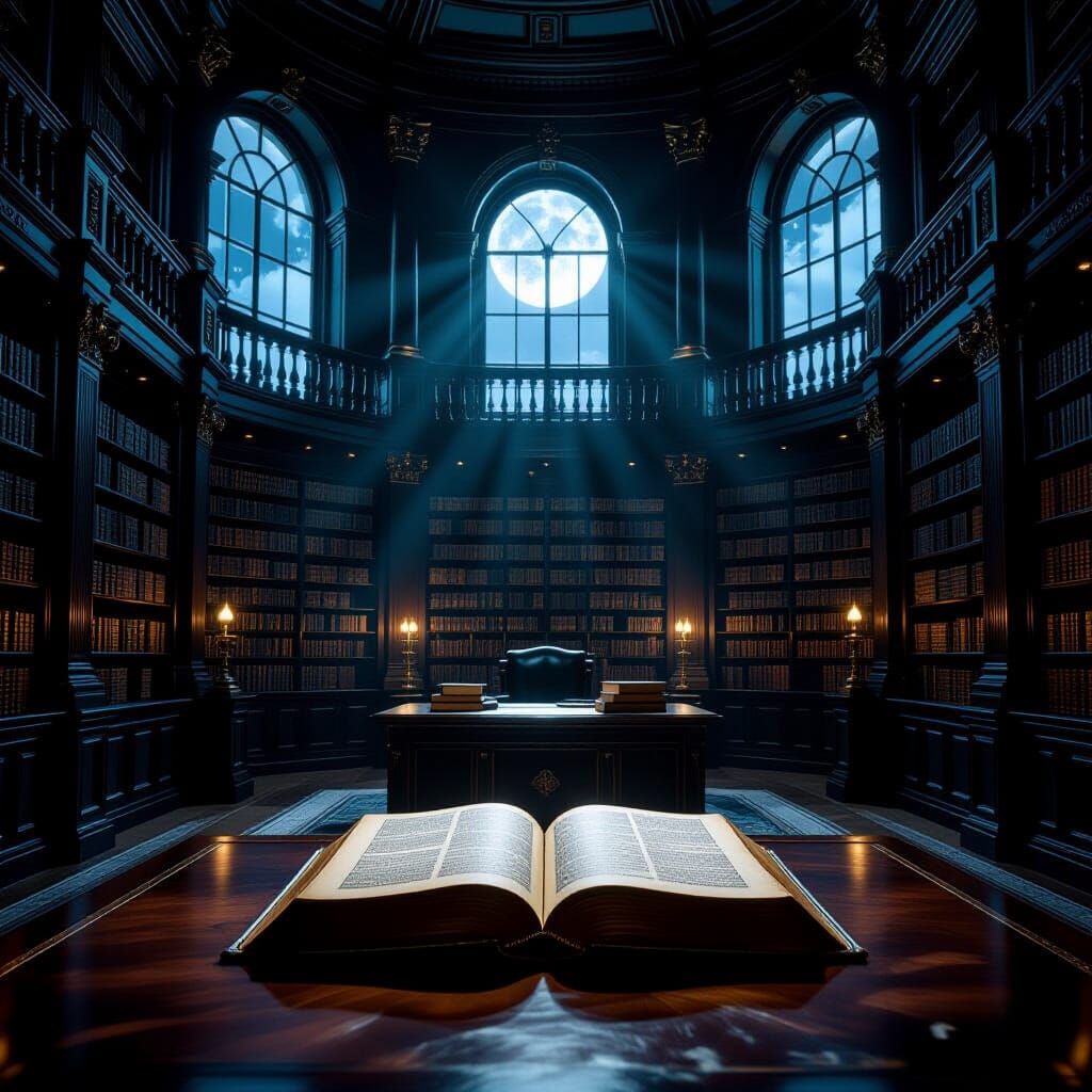 Moonlit Ornate Library with Ancient Book