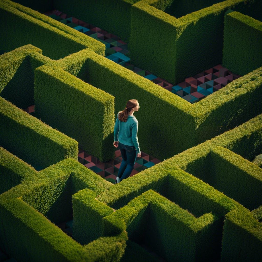 modern woman in hedge maze