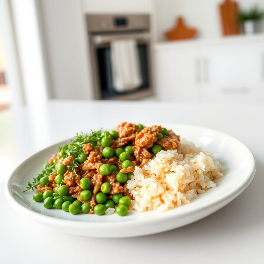 Tender Minced Meat with Emerald Peas on Light Beige Rice