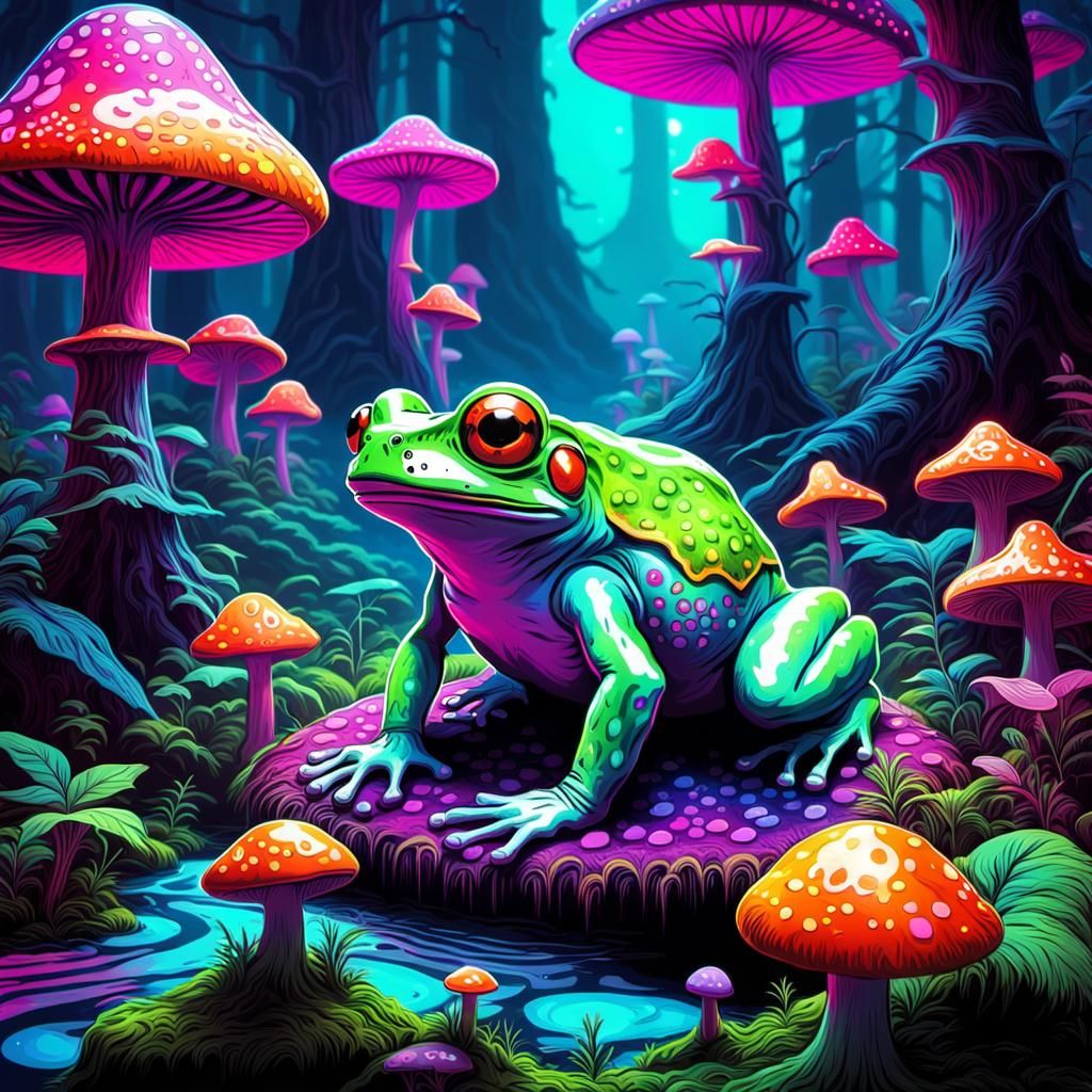 Human Frog on Mushroom in Synthwave Forest
