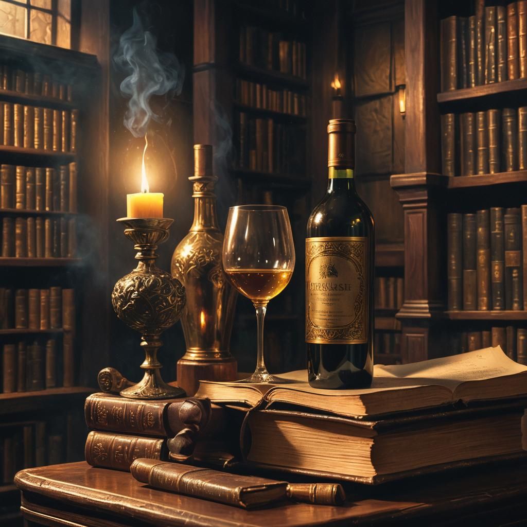 Glowing Wine Bottle in Mystical Library, Fantasy Art