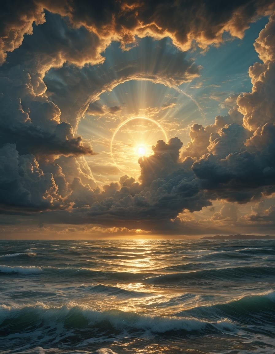 Epic Seascape with Dramatic Cloudscape in Golden Light