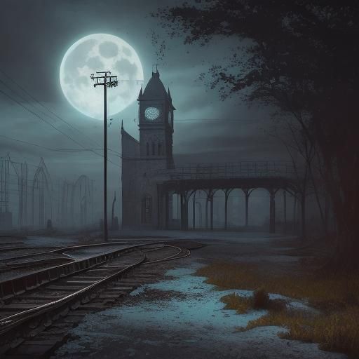 Surreal Figure at Abandoned Station in Moonlight