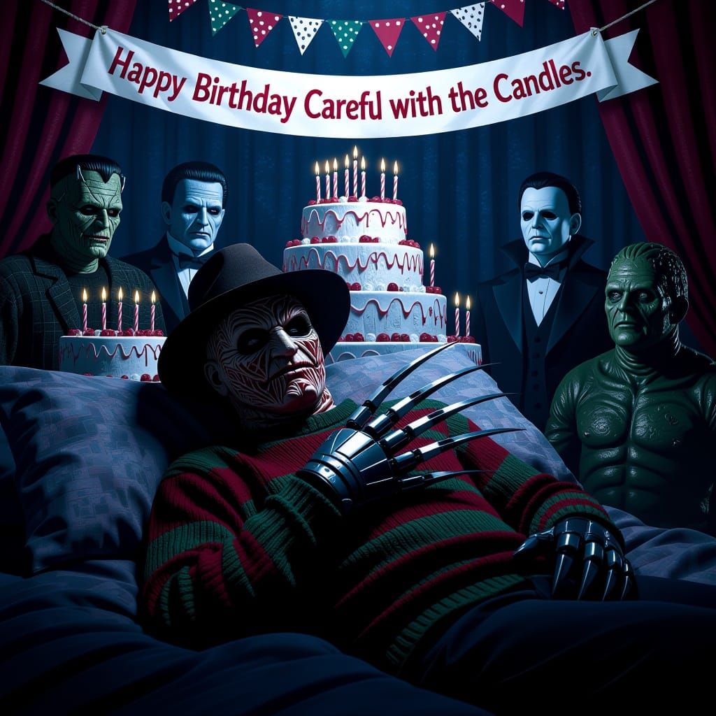 Freddy Krueger Sleeps Amidst Monster Birthday Dreamscape