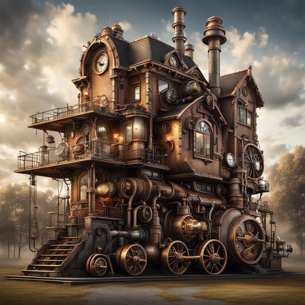 House Shaped Like 'H' with Steampunk Engine