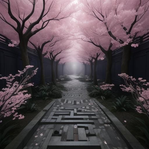 Pink Blossom Creature Navigates Surreal Maze