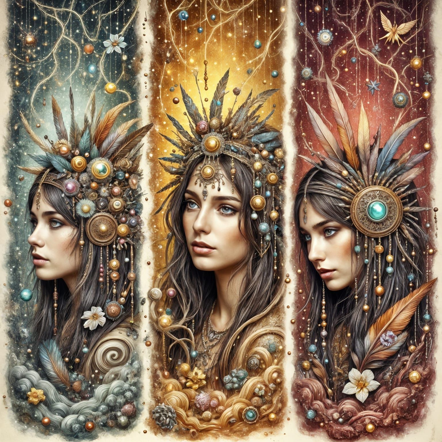 Three Women Portraits Radiating Lightning in Mixed Panels