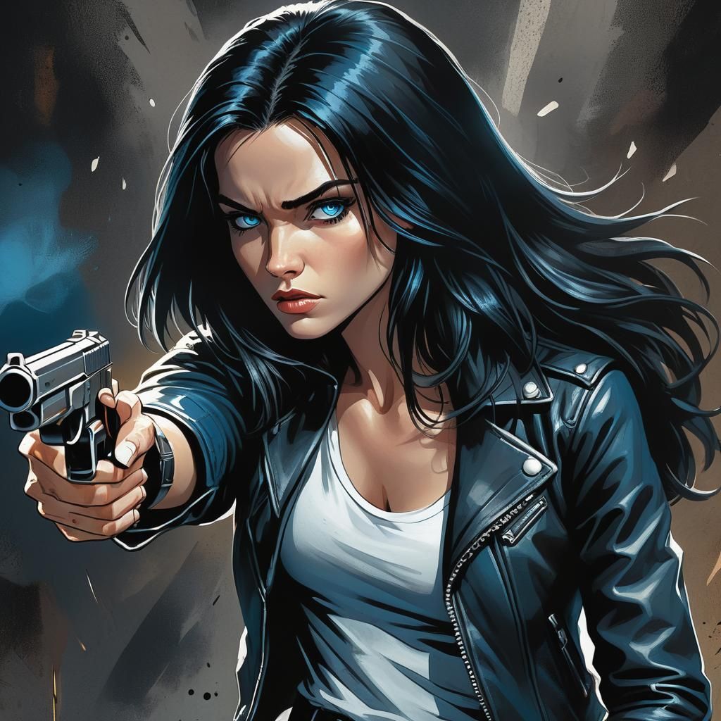Dramatic Comic Art: Woman with Gun in Dual Tone