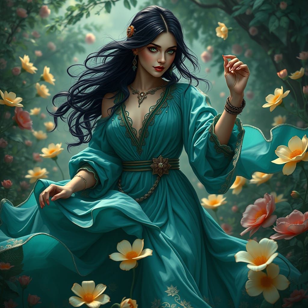 Medieval Lady Dancing in Floral Landscape, Matte Painting