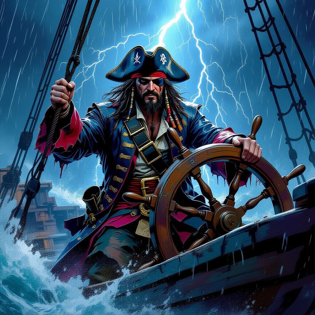 Pirate Captain Amidst Storm in Graffiti Art Style