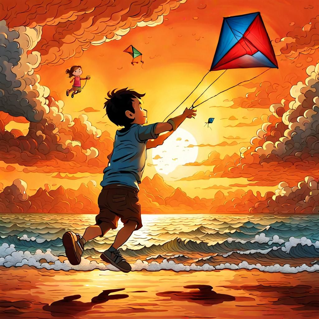 Child Flies Kite into Sunset: Detailed Matte Painting