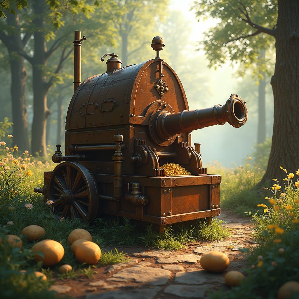 Rustic Steam-Powered Potato Cannon Washing Machine in a Vibr...