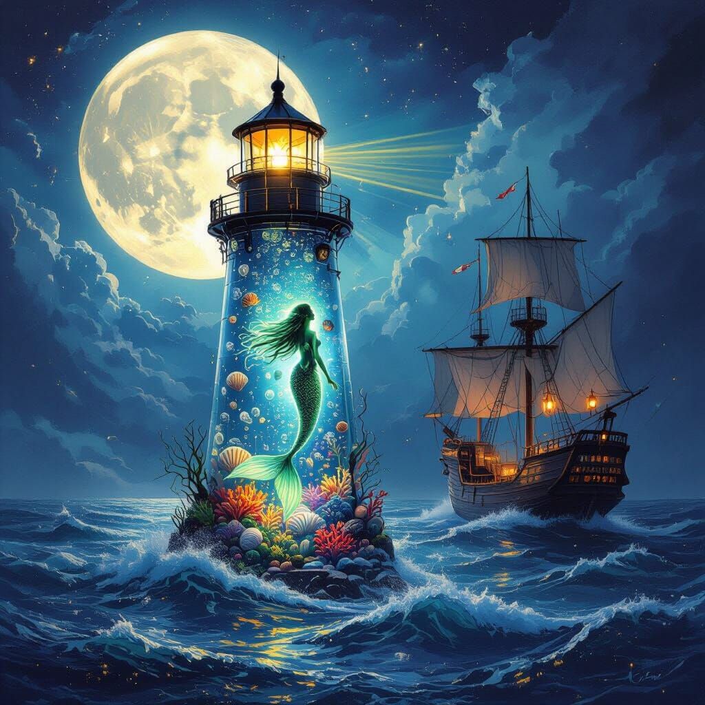 Impressionist Seascape Under Full Moon With Mermaid and Ligh...