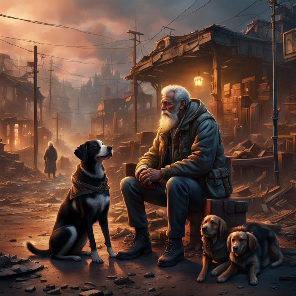 Post-Apocalyptic Town: Old Man, Girl and Dog