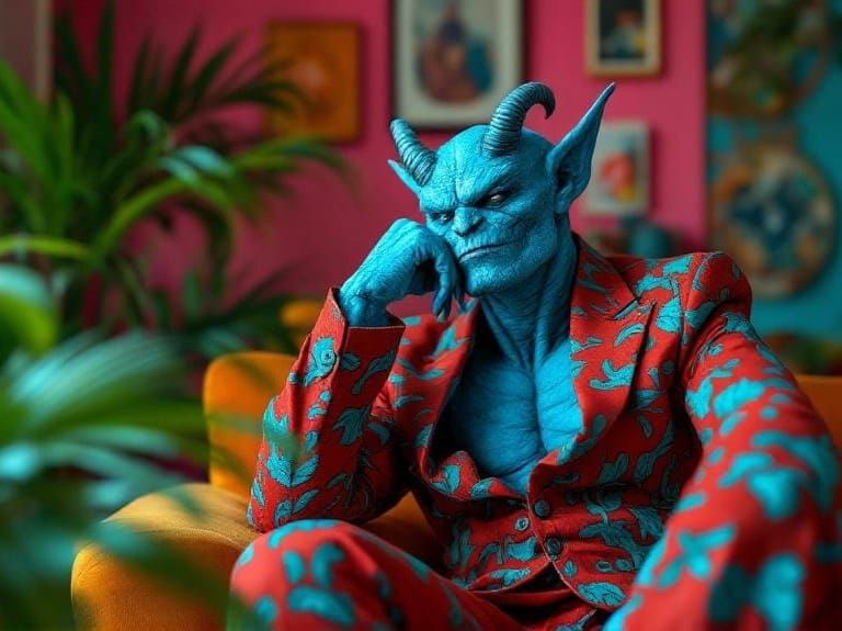 Blue Horned Figure in Red Suit: Hyper-Realistic Portrait