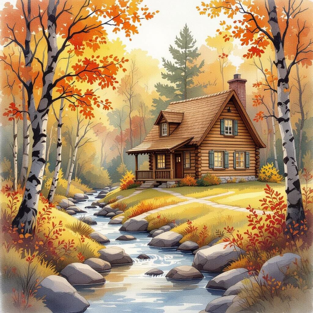 Cozy Cabin in Autumnal Woodland Watercolor Illustration
