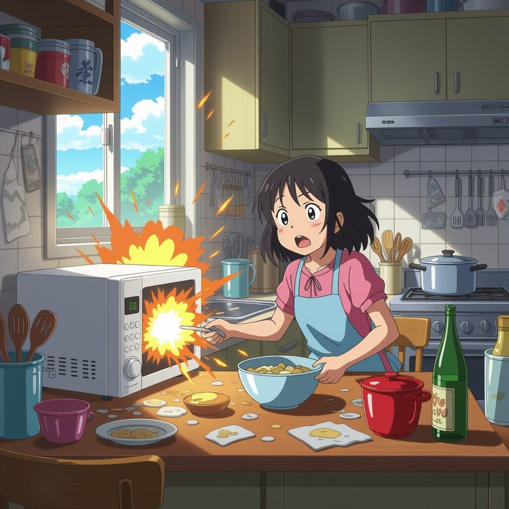 Anime Girl's Kitchen Mishap in Vibrant Cartoon Style
