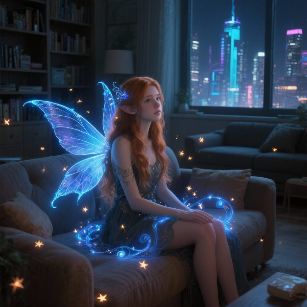 Cinematic Fantasy Fairy in Cozy Apartment with Cyberpunk Cit...