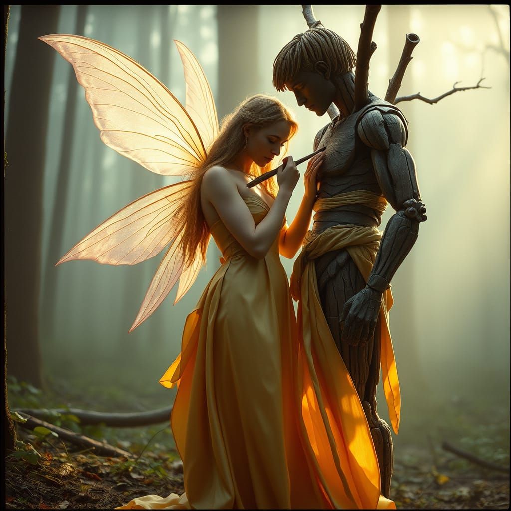 Fairy Woman and Wooden Man in Forest Glade