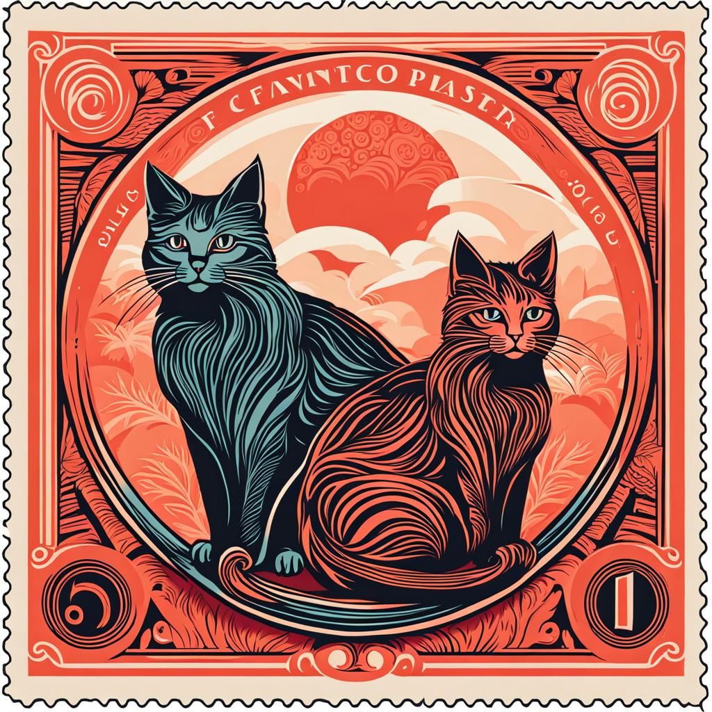 High Fantasy Cat Postage Stamp in Coral Shades