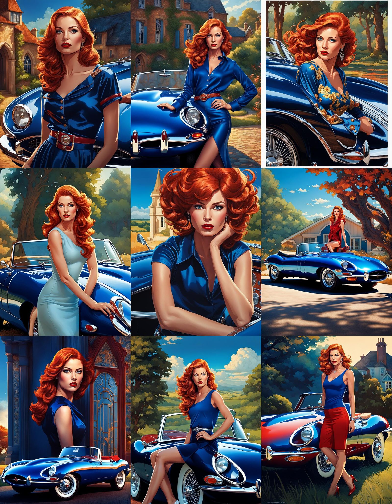 Redhead Posing with Jaguar E-Type in Comic Book Style
