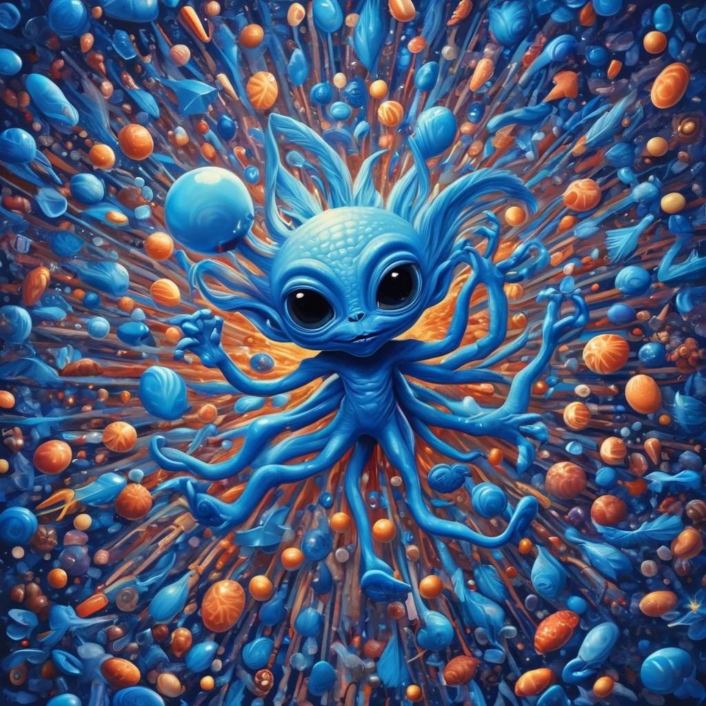 Blue Alien Explosion in Whimsical Candy Art Style