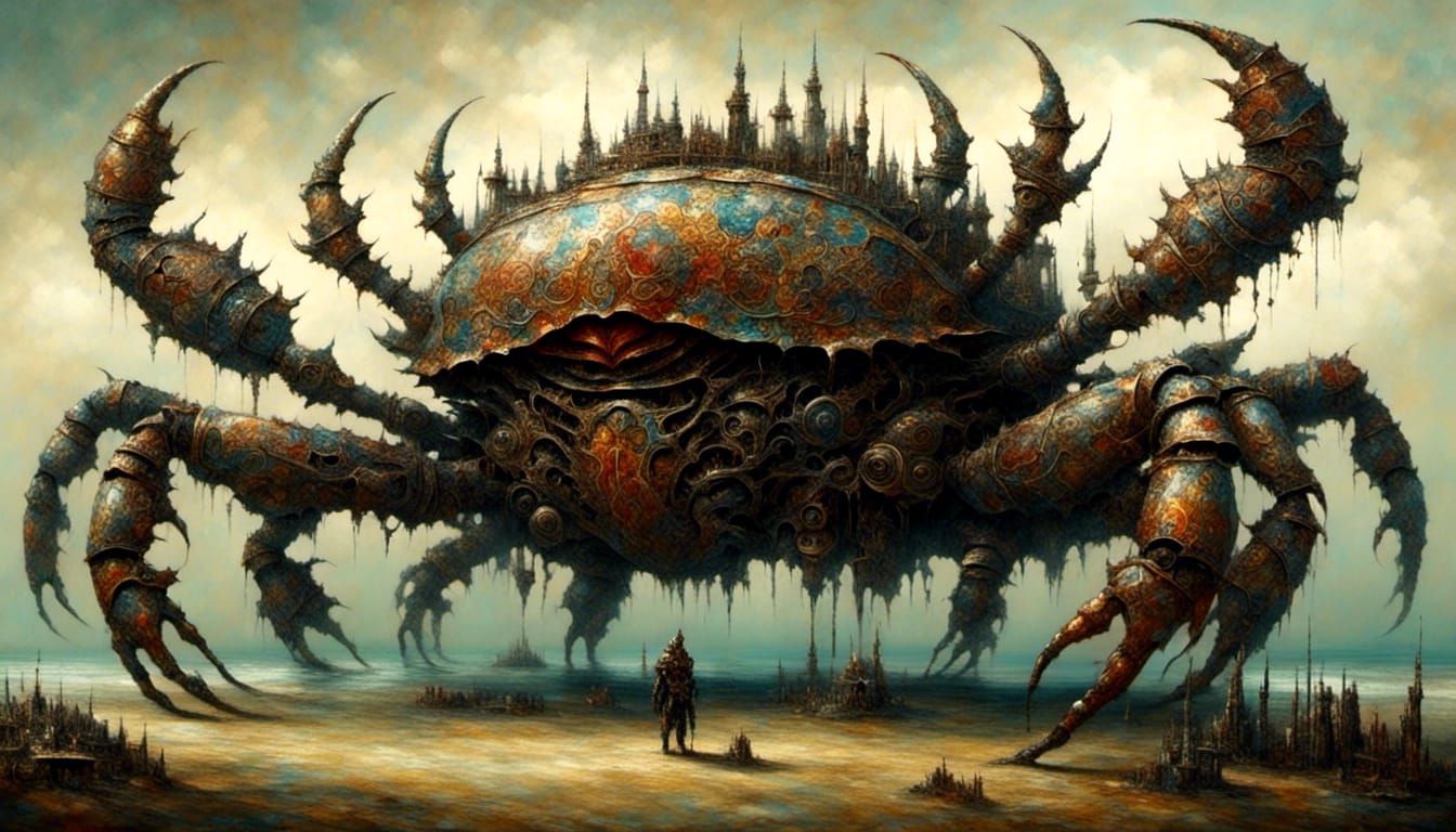 <lora:Impax:1.0> <lora:Aquarius:1.0> giant crab monster whose shell is painted with strange glyphs