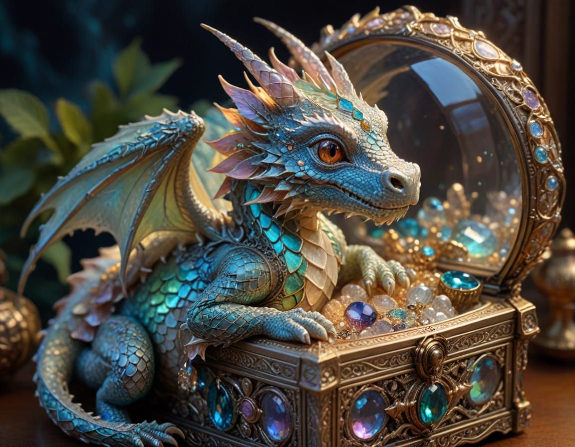 Whimsical Dreamlike Baby Dragon in Treasure Trove of Glass J...